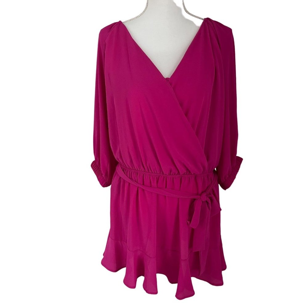 Vici Pink Surplice V-Neck 3/4 Sleeve Flounce Hem Tie Waist Dress Large L